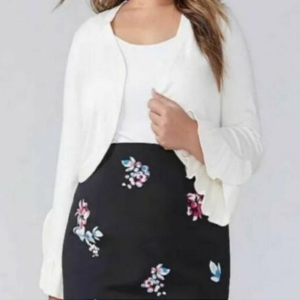 Lane Bryant Cream Open-Front Ruffle Sleeve Cardigan